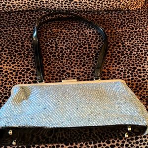 Gorgeous blue tweed Glenda Gies Handbag with Black Patent Leather